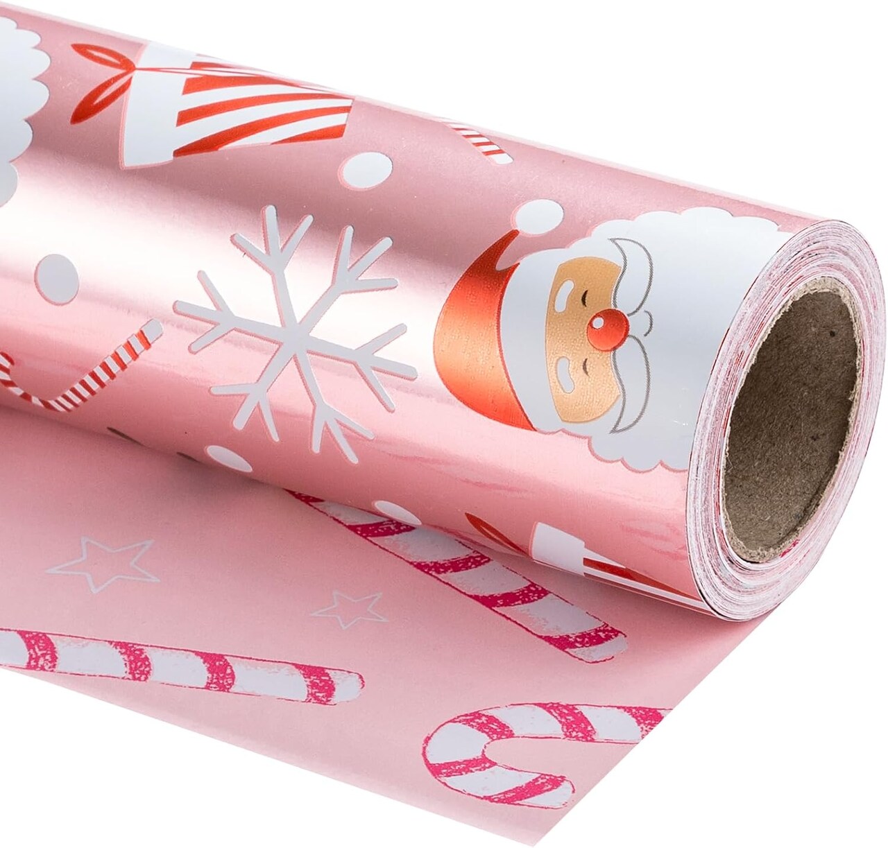 Reversible Christmas Wrapping Paper Roll - Metallic Foil with Santa Claus & Candy Cane in Pink - 17 inches x 32.8 Feet (46.45 sq.ft.)